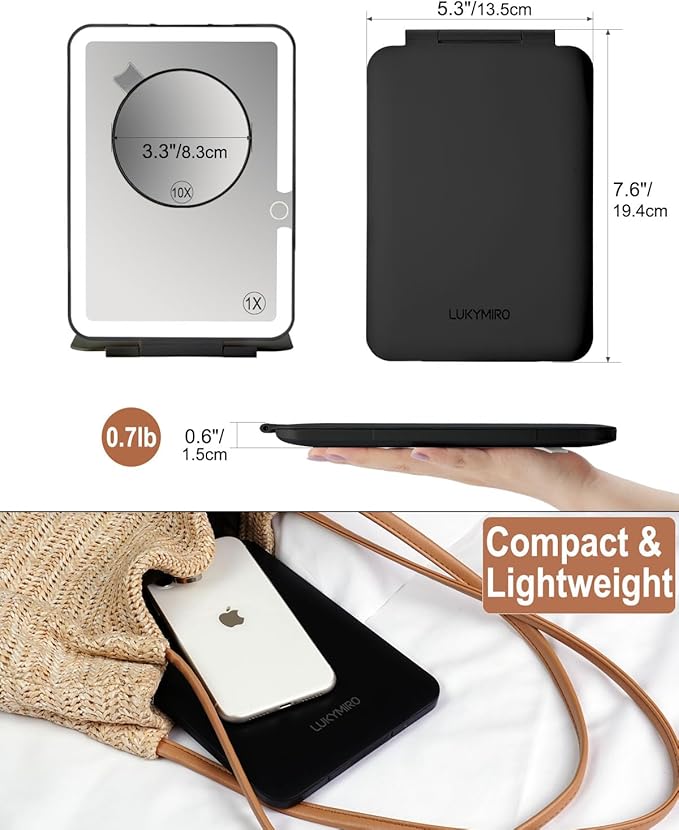 Rechargeable Travel Makeup Mirror with Lights, Portable Lighted Vanity 10X Magnification, 70 LEDs 3 Color Dimmable Touch Screen, Tabletop Folding Compact Cosmetic (ShiningBlack)