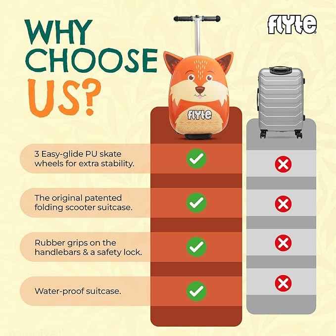 FLYTE Scooter Suitcase Folding Kids Luggage – Frazer the Fox, 18 Inch Hardshell, Ride On with Wheels, 2-in-1, 25 Litre Capacity