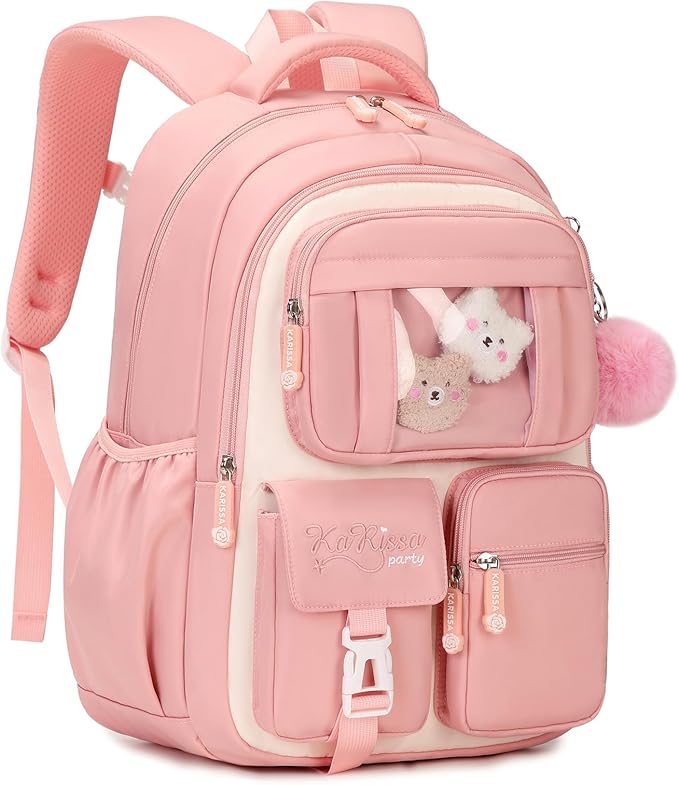 PIG PIG GIRL Kids Backpack for Girls School Bags for Middle School Students Book Bag for Elementary Primary Kawaii Ita Backpack, Pink and Beige