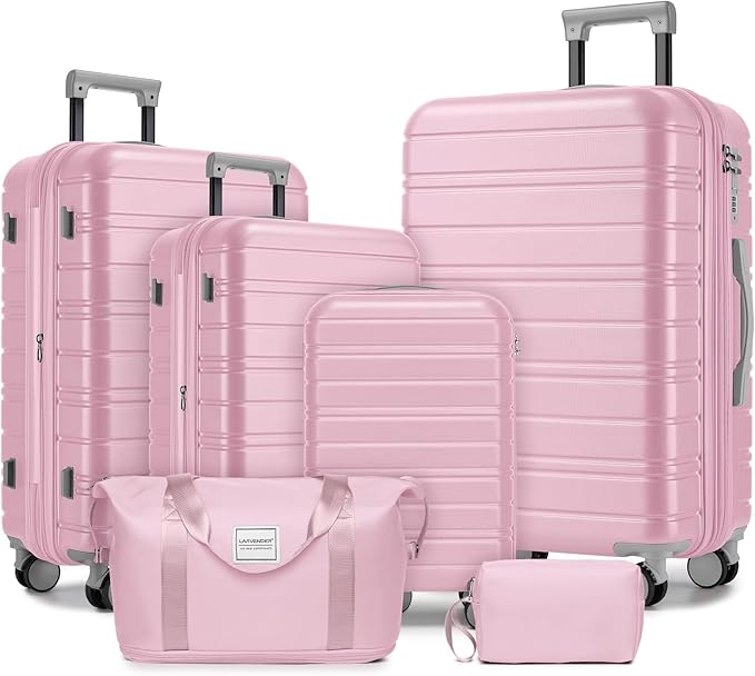 6 Piece Luggage Sets with Bags, Lightweight Expandable Checked Luggage Sets, Hardshell ABS Spinner Wheels Carry on Suitcase with TSA Lock, for Travel, Women Men (Pink, 18/20/24/28inch+2bags)