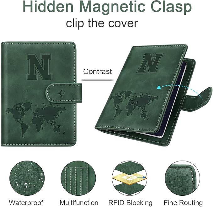 Personalized N Passport Holder Cover Initial Letter Travel Wallet RFID Blocking Passport Cover Credit Card Holder Case Passport Book Holders for Women and Men, Pine Green-N