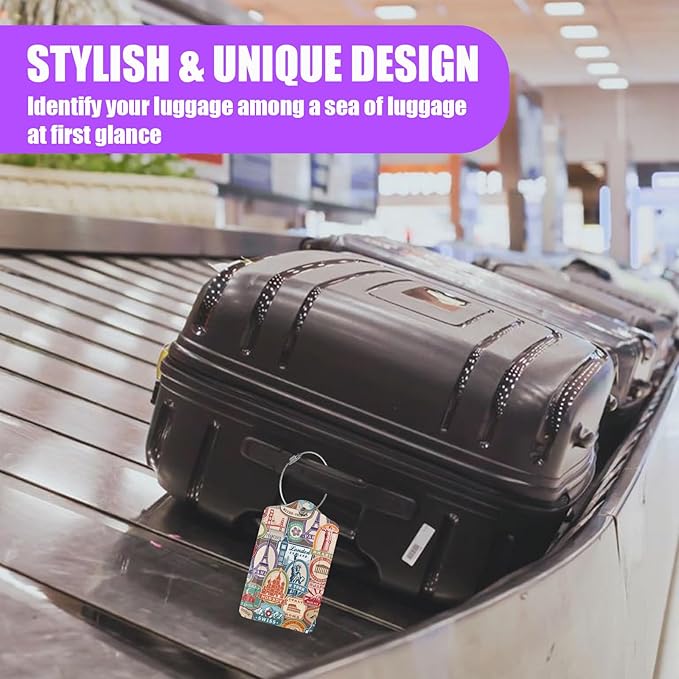 3 Pack Retro Travel Stamp Luggage Tags for Suitcase Travel Stickers PU Leather Luggage Tag Privacy Cover ID Label for Women Men Baggage Backpack Handbag School Bag