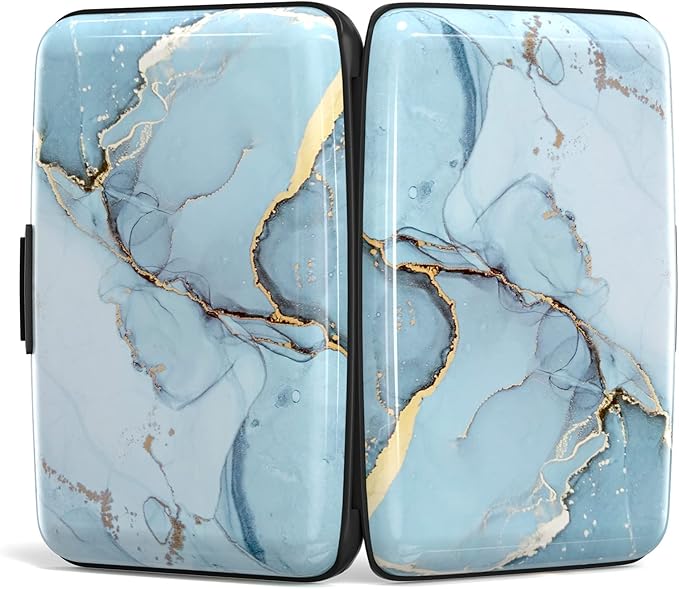 Credit Card Holder, Mini Aluminum Card Wallet RFID Blocking Slim Metal Hard Card Case for Women Men, Blue Marble