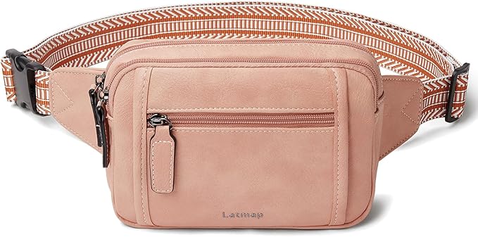 LATMAP 3L TRIPLE ZIP Fanny Packs Belt Bag For Women Men Crossbody Waist Pack Sling Chest Bum Travel Bag Purse Faux Leather Fashion Cute Light Pink