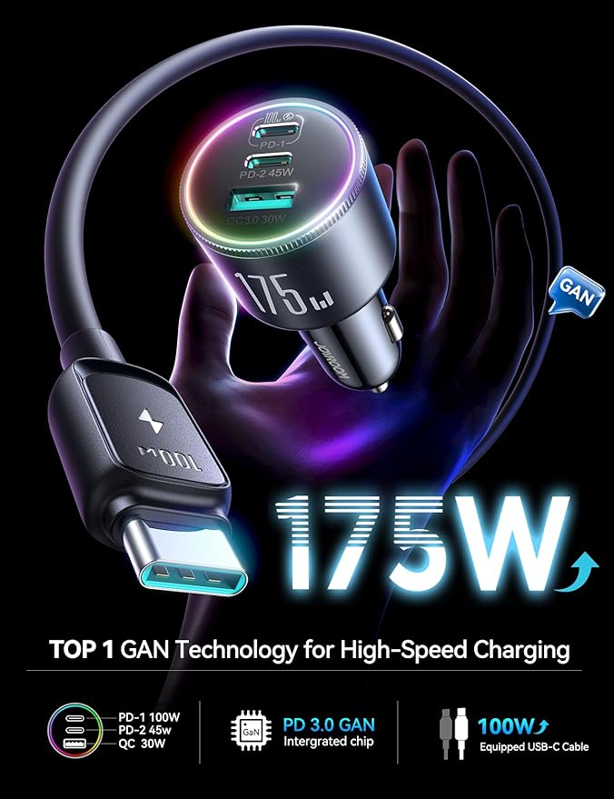 JOYROOM 175W USB C Car Charger Fast Charging, 3-Port Car Phone Charger PD100W+45W+USB30W Type C Car Charger Adapter with 100W USBC Cable Compatible with iPhone 16 Pro Max/16e, Samsung, iPad, Laptop