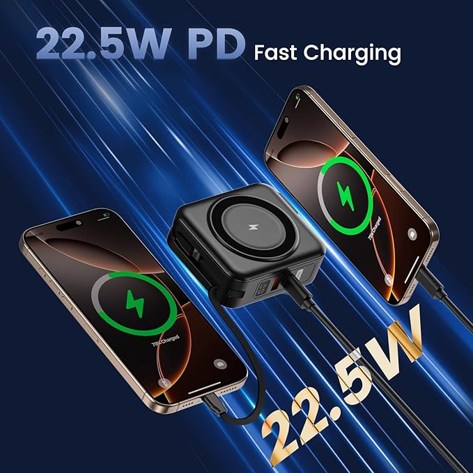 for Magsafe Portable Charger with AC Wall Plug, 6-in-1 Magnetic Wireless Power Bank 10000mAh Built-in Cables, 22.5W Type-C in&Out Fast Charging Battery Pack for iPhone17/16/15/14/13/12 Series, Black