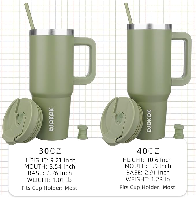 BJPKPK 30 oz Stainless Steel Tumbler With Handle Insulated Tumblers With 2 Straw Travel Coffee Mug With Lid,Sage