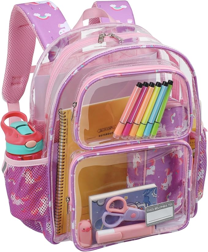 Bagseri Clear Backpack for Girls - 15 Inch Heavy Duty Kids Clear Bookbag for Kindergarten to Grade 2, Transparent School Bag with Reflective Strip, Fits Folders, Purple Unicorn