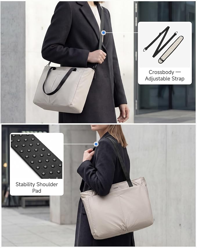LUGGEX Laptop Tote Bag, LTX04 20L Lightweight Work Tote for 13-15.6 Inch Laptop, Water-Resistant Nylon Computer Shoulder Bag with Padded Sleeve, Bottle Holders & Luggage Strap (LTX04, Beige)