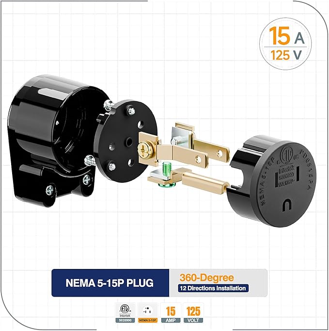 ETL Listed 90 Degree USA Canada Male Plug Nema 5-15P 3 Pole Angle DIY, 15A 125V USA 3Pin Right Angle AC , Nema 5-15P Angled Rewireable AC