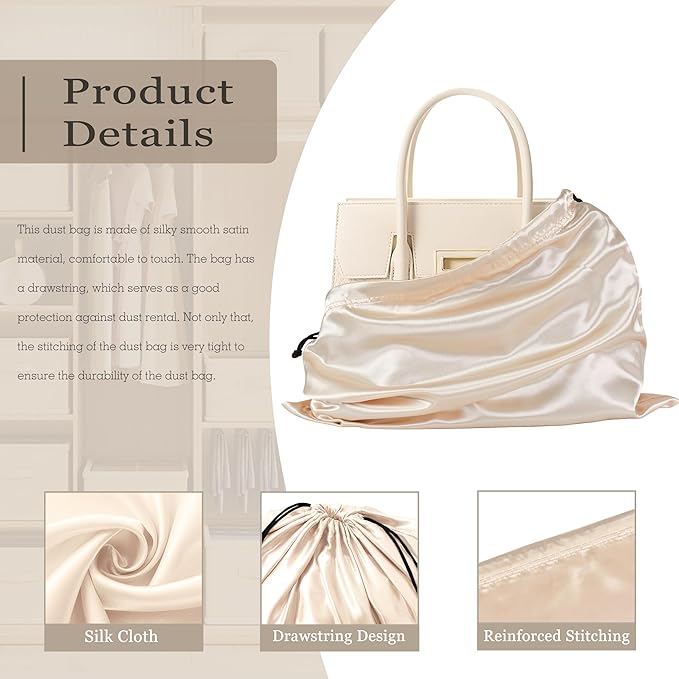 Vonty 3 Pack Silky Dust Bags for Shoes and Purses, Satin Drawstring Bag for HandBags Boots - Beige Shoe Bag Silk Dust Cover Bag Protector Travel Storage Pouch(19.6 x 15.7 In)
