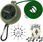 Portable Travel Clothesline Cord, Caudblor Adjustable 33ft Camping Clothes line, Laundry Drying Rope for Hotel Trip, Cruise, Outdoor/Indoor, with 12Pcs Stoppers, Windproof Clothespins