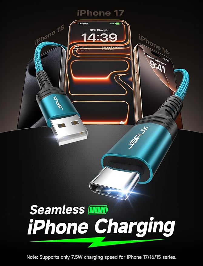 JSAUX USB C Cable Fast Charging, 3-Pack (10ft+6.6ft+3.3ft) USB A to Type C Charge Cord for iPhone 17/17 Pro/17 Pro Max, iPhone 16/16 Pro/16 Pro Max, Samsung S24 S22 S20 Note 20, USB C Charger(Green)