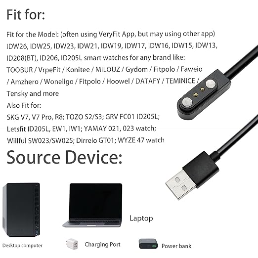 Charger Compatible with VeryFitPro, Fitpolo, Tozo, and YAMAY Smartwatches Including Models SW025, Letsfit ID205L, Replaceable Magnetic USB Cable, Smart Watch Fast Charging Cable (2, Black)