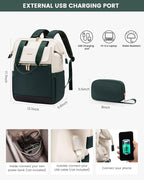 LOVEVOOK Laptop Backpack for Women, 15.6 Inch Work Laptop Bag with USB Port, Fashion Teacher Nurse Backpack Purse, Waterproof Travel Computer Backpack with Organizer Bag, 2PCS, Beige-Green