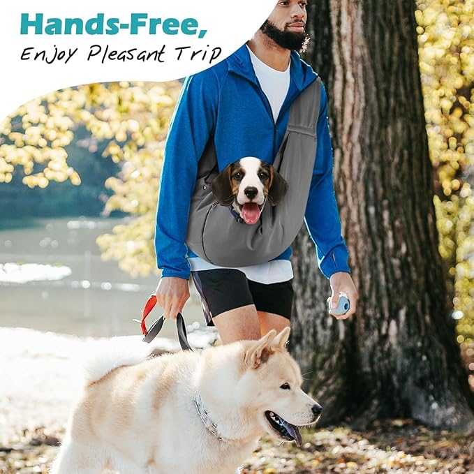 Pawaboo Small Dog Sling Carrier, Reversible Hands Free Dog Sling Carriers for Small Dogs and Cats, Puppy Slings Carrier with Safety Harness, Puppy Essentials, Dark Gray