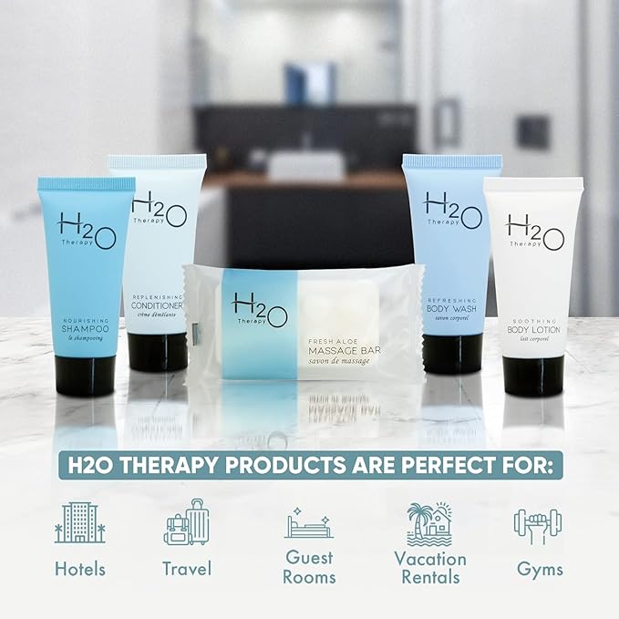 H2O Therapy Hotel Soaps & Toiletries Bulk Set | 1-Shoppe Amenities Kit | 0.85oz Shampoo & Conditioner, Body Wash, Lotion, 1oz Bar Soap | Travel Size | 150 Pieces | Bulk Set, Travel Size