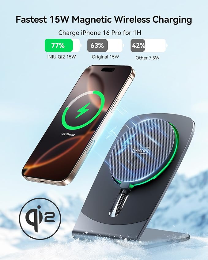 INIU Ultra Slim 10000mAh 45W PD Power Bank & Qi2 Certified 15W, Mag-Safe Wireless Charger Stand Combo