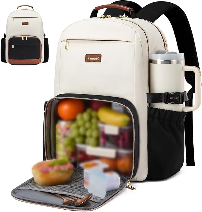 LOVEVOOK Lunch Backpack with Lunch Compartment,17 Inch Laptop Work Travel Insulated Cooler Backpack,Waterproof College Teacher Lunch Bag Box with Tumbler Holder,Gifts for Men Women,Beige-Black-Brown