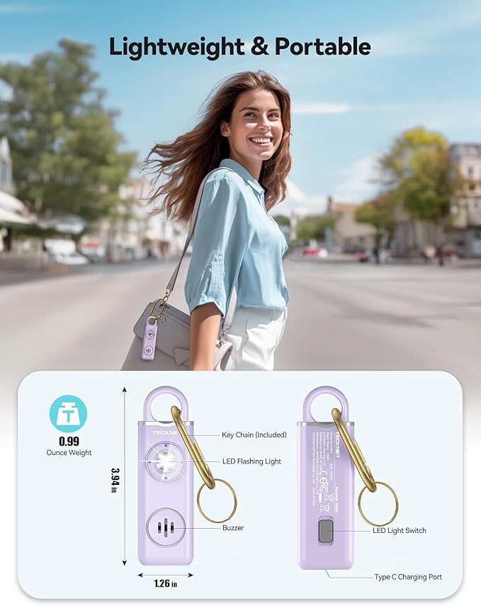 TECKNET Rechargeable Personal Safety Alarm for Women, 130dB Self Defense Keychain Alarm with SOS Strobe Light, Low Battery Notice, Personal Alarm Loud Siren Safety Keychain for Girls Kids Elderly