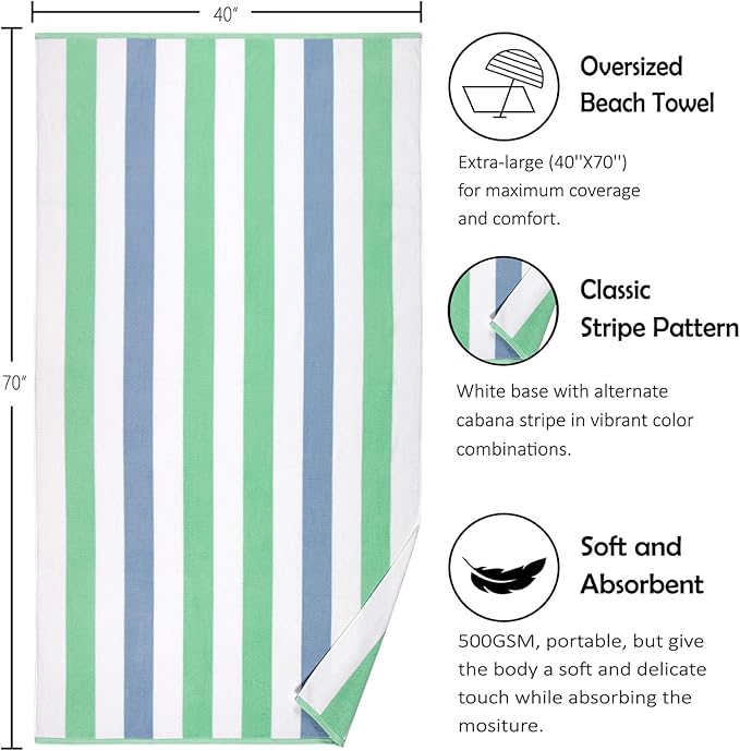 Bornbay Cotton Oversized Beach Towel - Extra Large 40"X70" Big Cute Thick Pool Towel, XL Stitch Beach Towels Striped Mint Green Swimming Towel for Adults Mens Women