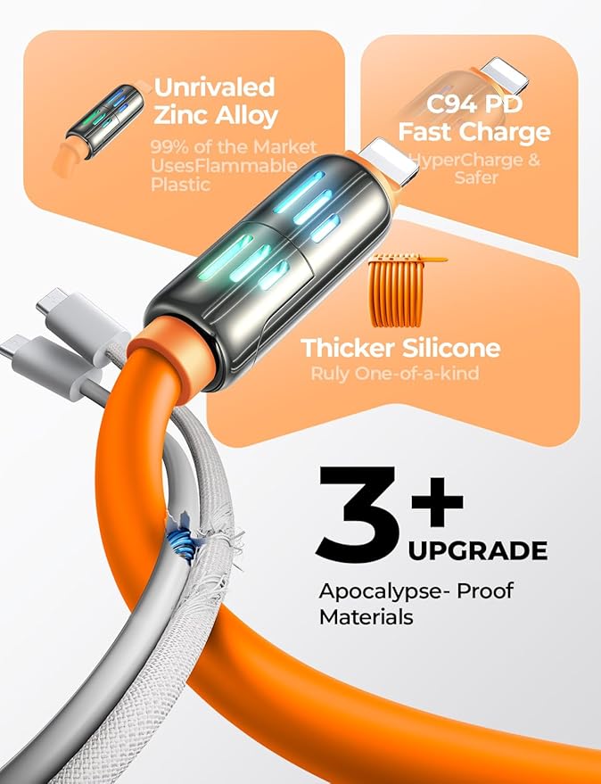 LISEN USB C to Lightning Cable, 240W 4 in 1 Charging Cable 6.6FT, Chubby USB A/C to C/Lightning with Light for iPhone Charger Fast Charging iPhone Air 17 16 15 14 Pro/MacBook/iPad, Orange
