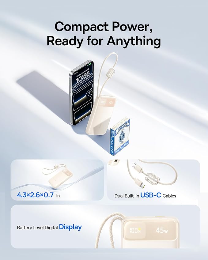 Baseus 45W Ultra Slim 10000mAh Power Bank Built-in Dual USB-C Cables Bundle with Qi2 Certified 15W Wireless Magnetic Power Bank 10000mAh with USB-C Cable 22.5W PD Charging