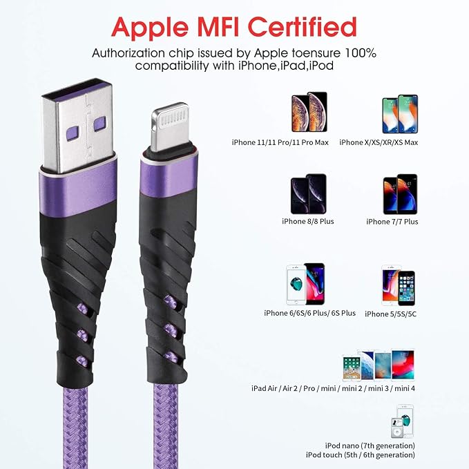 CyvenSmart (3 Pack) Long iPhone Charger 3ft for [MFi Certified], 3 Foot Lightning Cable Fast Charging Cord 3 Feet for iPhone 12/12 Pro/11/11 Pro/11 Pro Max/XS/XS Max/XR/X/8/8 Plus/7/7 Plus/6 Lavender