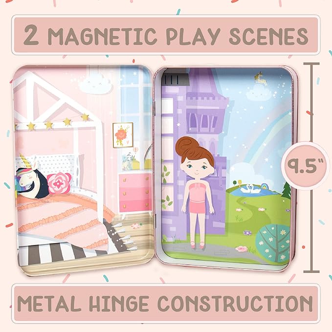 Story Magic Dress-Up Dolls Playset, Pretend Play Magnetic Case, Magnet Outfit and Accessory Pieces, Great for Travel or Playdates, Magnetic On The Go Activity Set for Ages 4, 5, 6, 7 , Pink