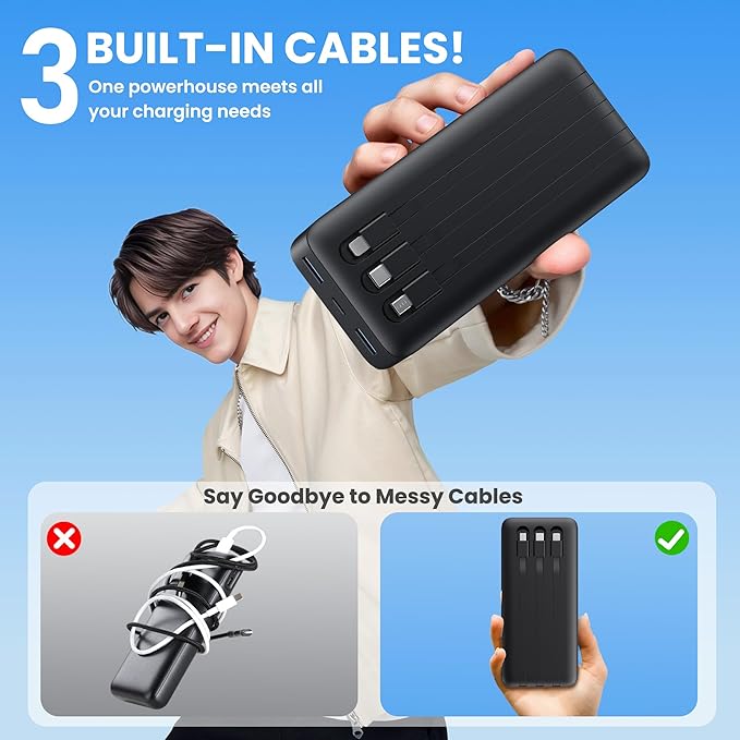 Portable Charger 50,800mAh Power Bank, 25W PD QC 4.0 Fast Charging Portable Phone Charger with Built-in Cables,Travel Camping Essential USB C Battery Pack for iPhone 16/15/14/13/12,Android Galaxy etc