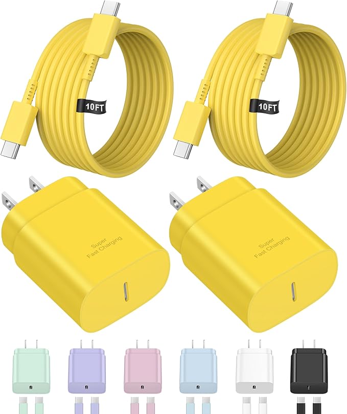 Type C Charger Fast Charging for iPhone 17 16 15,10 FT USB C Samsung Chargers Block 25W Super Fast Chargers for Samsung Galaxy S25/S24 S23/iPhone Air/17/17 Pro Max/iPhone 16/16 Pro Max/15 Pro (Yellow)
