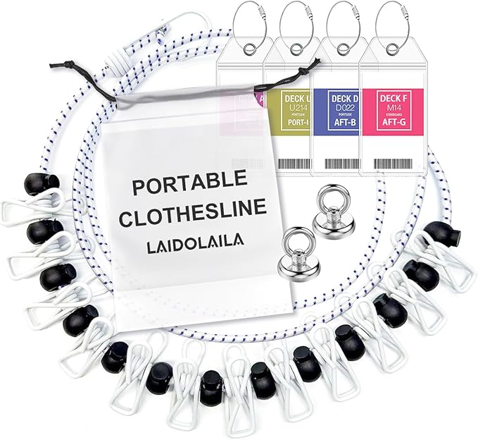 Magnetic Retractable Clothes Line for Cabin - Approved 2025 2026 Cruise Essentials Clothes Drying Rack Travel Clothesline with Clothespins -4 Luggage Tags Strong Magnets Hooks (White)