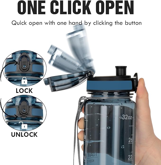 OLDLEY Water Bottle, 32oz Motivational Sports Water Bottle with Time Marker - Times to Drink - Tritan, BPA Free, Wide Mouth Leakproof,Gifts for Her, Women Men,Misty Teal