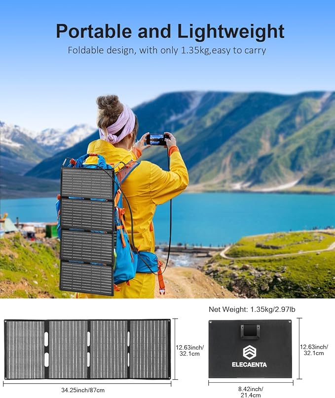 ELECAENTA 40W Solar Panel, USB C, USB A and DC 18V Output, IP68 Waterproof, Foldable Portable ETFE Solar Charger Compatible with iPhone, Samsung, Camping, Hiking, and Outdoor Power Station