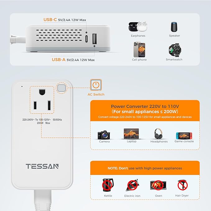 Compact 220V to 110V Voltage Converter US to Europe, TESSAN Universal Travel Adapter with 2 AC Outlets and 2 USB (1 USB-C), 200W Small Power Converter with EU/UK/AU/IT/India Plugs for Travel