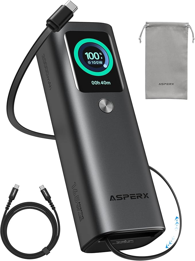 AsperX Laptop Power Bank, 165W 20,000mAh, Retractable Cables, Aluminum Alloy Unibody Portable Charger Power Bank, Battery Bank for MacBook Pro/Air/iPhone 17/iPad Pro/S25 Ultra/Dell/HP(TSA-Approved)