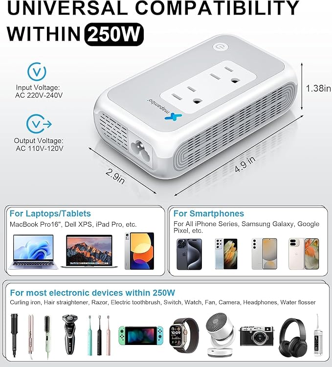 220V to 110V Voltage Converter US to Europe for Curling Iron and Hair Straighteners, Power Converter for European Travel Plug Adapter with 2 USB A & 2 USB C Ports (White)