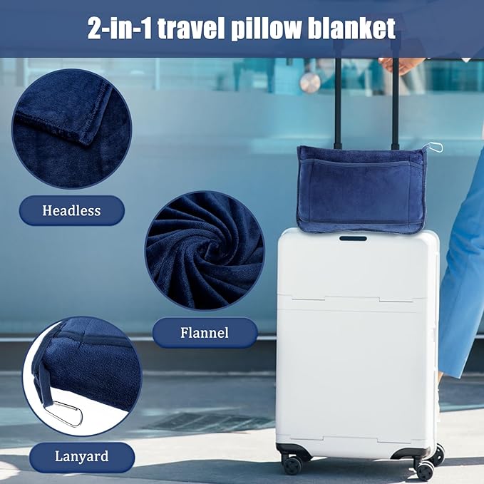 Travel Blanket, 2 in 1 Soft Flannel Airplane Blanket Warm Travel Blanket Pillow with Luggage Strap and Buckle, Portable Compact Flight Blanket for Cars Airplanes Camping 63x39 Inch (Navy)