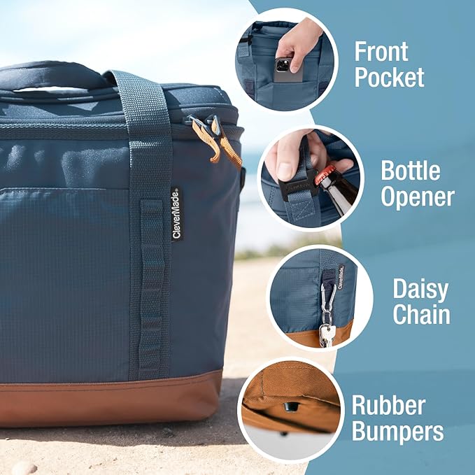 CleverMade Pacifica Collapsible Cooler Bag – Medium Portable Cooler Bag for Travel, Foldable Insulated Cooler for Beach, Picnic & Road Trips, Holds Up to 30 Cans, Leakproof Soft Carry Cooler - Ocean