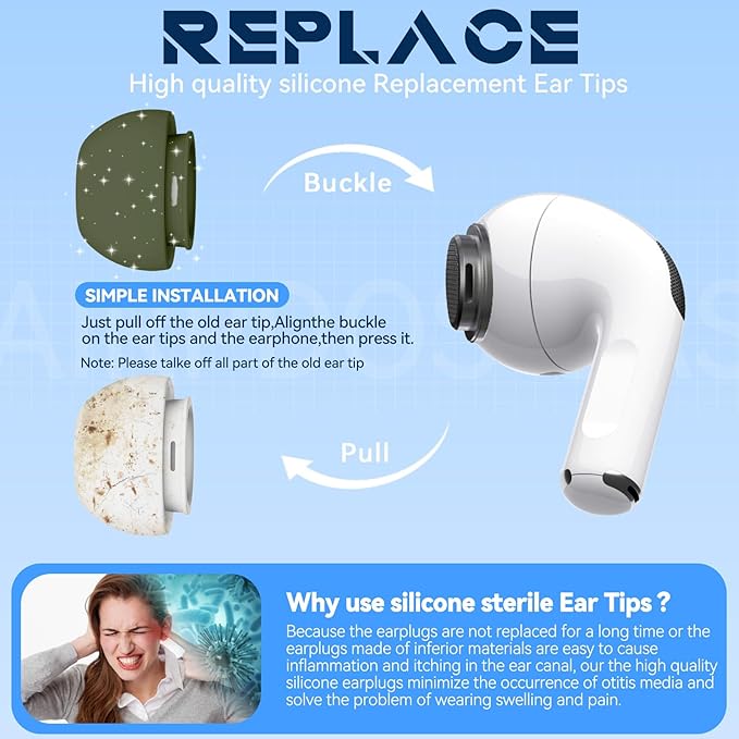 4 Pairs Replacement Ear Tips for AirPods Pro 2nd/1st Generation with Portable Storage Box & Cleaner Pen,Noise Reduction Holewith & Built-in dust Guard Screen,Silicone EarTips(Dark Green)