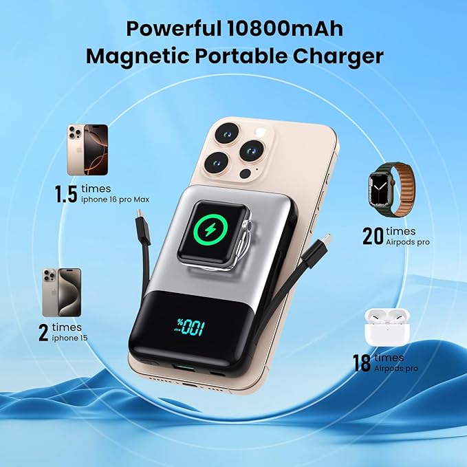 Magnetic Portable Charger for iPhone with Built-in Cable,10800mAh Wireless Power Bank for Magsafe Travel Essential,6-in-1 25W PD Fast Charging USB C Battery Pack for iPhone 17/16/15/14/13, Apple Watch