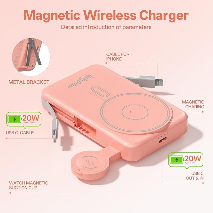 Magnetic Portable Charger Built-in Cables,10000mAh Fast Charging Wireless Charger Station External Battery Pack Slim Pocket Size Power Bank with Stand Compatible with iWatch, iPhone