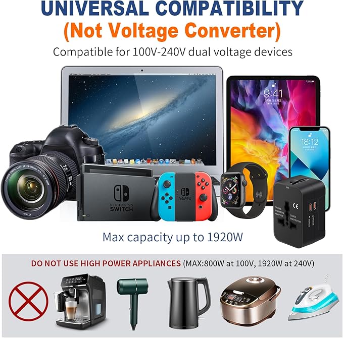 Universal Travel Adapter Fast Charger, All in One Plug Adapter With 2 USB-C PD20W GaN Worldwide Power Adapter International Wall Charger Foldable Plug Converter Travel Essential for Europe UK AUS Asia