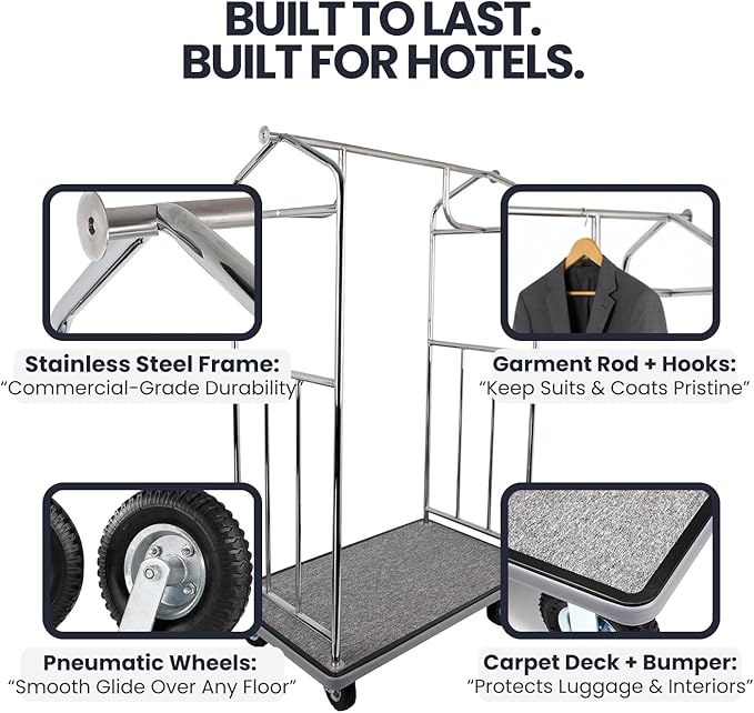 Chrome Steel Luggage Cart – 800lb Capacity – Bellman Cart w/ 6” Air Filled Tires & Gray Carpet, for Hotel, Resorts, Condos, Commercial Use (Value Valet Series)