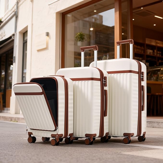 3 Piece Luggage Set ABS Hardshell Lightweight Suitcase Sets with Spinner Wheels and TSA Lock, 20 inch with Front Opening Design and USB Port, 20" Airline Certified Carry-on Luggage, 20"24"28", White