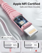 Aioneus iPhone Charger 6ft 2Pack, Apple Certified USB A to Lightning Cable Nylon Braided Phone Charger Cord Fast Charging for iPhone 14 13 12 11 Pro Xr Xs Max 10 8 7Plus 6 SE -Pink