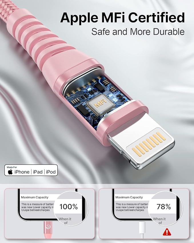 Aioneus iPhone Charger 10 ft 2Pack, (Apple Certified) Lightning Cable 10 Foot Nylon Braided Fast Charging Extra Long 10ft iPhone Cord Compatible with iPhone 13 12 11 XS XR 10 8 7 6 Plus - Pink