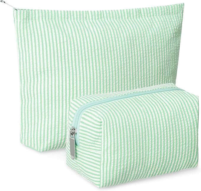 Huhumy 2 Pcs Makeup Bag Set Cute Cosmetic Pouch for Women Seersucker Travel Toiletry Bag Preppy Small Makeup Purse Pouch Aesthetic Skincare Brushes Storage Organizer for Valentine Women(Green)