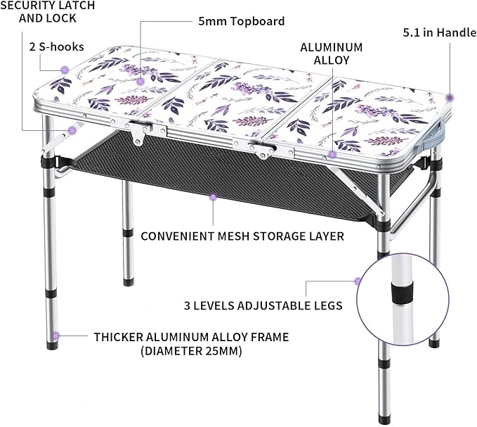 Yriuat Folding Camping Table 3ft Portable Pinic Table Adjustable Height Small Card Table Aluminum Foldable Lightweight with Carry Handle for Outdoor Indoor Hiking Camp BBQ Beach (Misty Lilac)