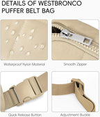 WESTBRONCO Puffer Fanny Packs for Women Quilted Nylon Waterproof Belt Bag with 2 Zipper, Puffy Crossbody Bag with Adjustable Strap, 1L Waist Bag for Travel Daily